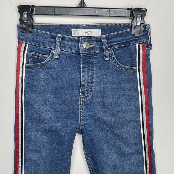 TOPSHOP Skinny Jeans Women 26 Moto Jamie Red Silver Side Stripe Stretch 10" Rise - Picture 2 of 11